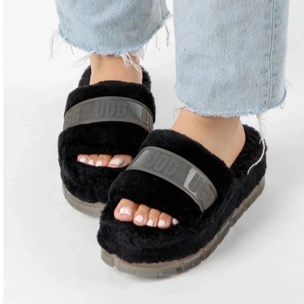 UGG 1131971 Fluffita Clear Platform Slide Sandals In Black Size 8